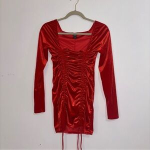 Red Ruched Long Sleeve Dress